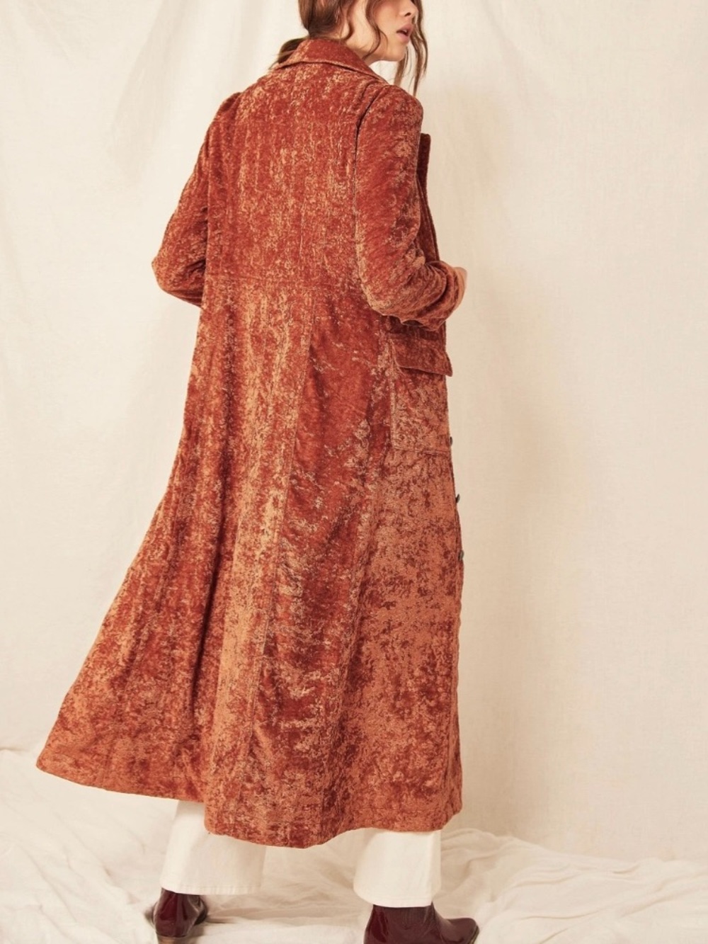Free People Soho Rust Crushed Velvet Duster Trench Coat NWOT - Picture 2 of 5